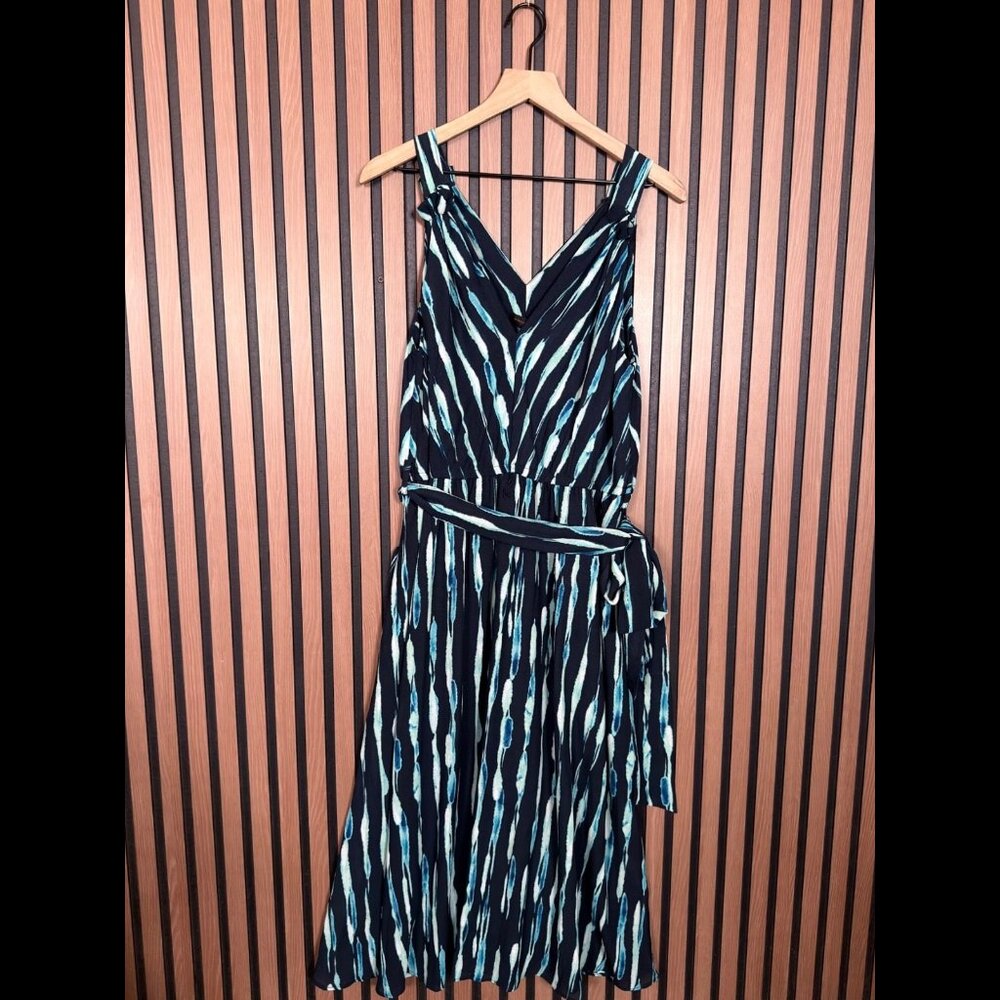 Donna Karan Black & Teal Striped V-Neck Midi Dress